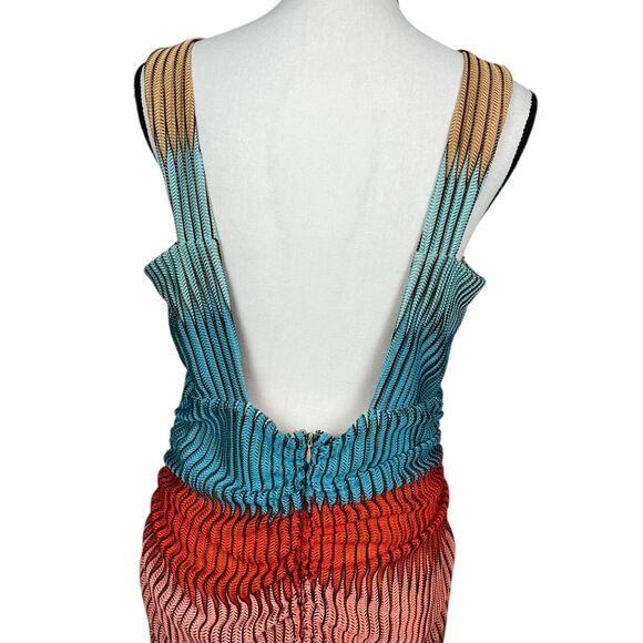 Guess Women’s Bodycon Midi Dress Size 14 Multicolor Pleated Ruched V-Neck - Picture 7 of 12